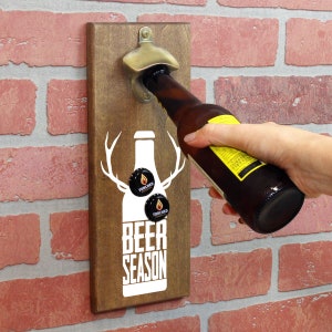 Magnetic Wall Mounted Bottle Opener - Beer Season- Holds 150+ Caps - Father&#39;s Day Gift - Man Cave - Groomsmen Gift