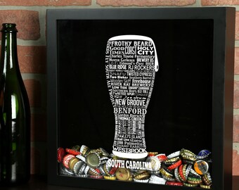 South Carolina Craft Beer Typography Beer Cap Shadow Box - Soporte de tapa de botella de cerveza