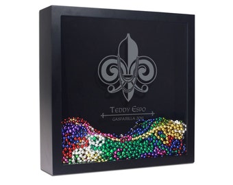 Personalized Mardi Gras Beads Shadow Box, Gasparilla Pirate Masquerade Party Shadowbox, French Fleur-de-Lis New Orleans Glass Box [BEADS-01]