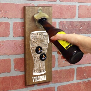 Magnetic Wall Mounted Bottle Opener - Virginia Craft Beer Typography - Holds 150+ Caps - Father&#39;s Day Gift - Man Cave - Groomsmen Gift