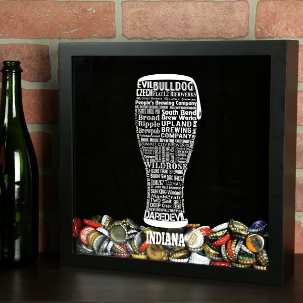 Indiana Craft Beer Typography Beer Cap Shadow Box - Beer Bottle Cap Holder