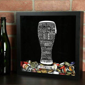 Massachusetts Craft Beer Typography Beer Cap Shadow Box - Beer Bottle Cap Holder