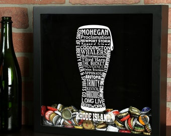 Rhode Island Craft Beer Typography Beer Cap Shadow Box - Beer Bottle Cap Holder