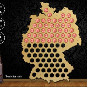 May include: A wooden bottle cap holder shaped like the outline of Germany. The holder is 22 inches tall and 16 inches wide and can hold 85 bottle caps. A beer bottle is shown for scale.