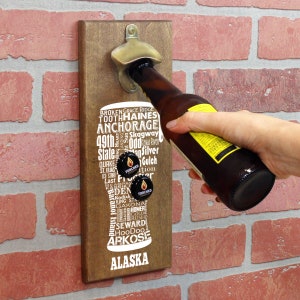 Magnetic Wall Mounted Bottle Opener - Alaska Craft Beer Typography - Holds 150+ Caps - Father&#39;s Day Gift - Man Cave - Groomsmen Gift