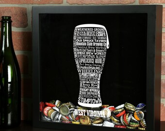 West Virginia Craft Beer Typography Beer Cap Shadow Box - Beer Bottle Cap Holder
