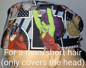 May include: A black and white patterned head covering featuring comic book panels with characters in red, green, and purple. The text on the image reads "For a man/short hair (only covers the head)".