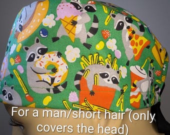 Skull Cap ,  Tie Back , Scrub Cap , raccoon  food