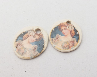 Romantic Young Lady, Victorian collectible,  Earring Dangle Pair, Ceramic Supply, kiln fired Decal,  Donna Perlinplim, Clay Jewellery Supply