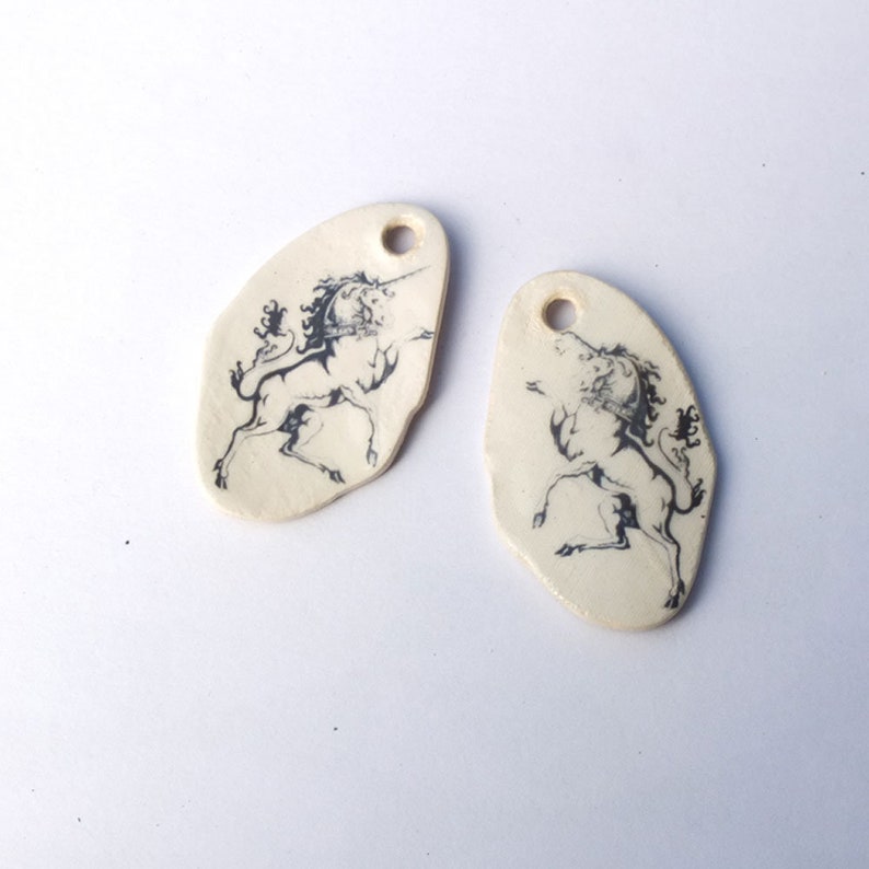 Earring Supply Donna Perlinplim Earring Shields a pair of hand made earrings pendants with ceramic decals Mythological Creature Unicorn
