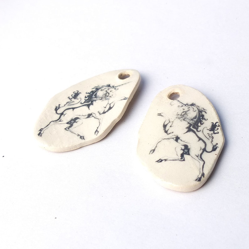 Earring Supply Donna Perlinplim Earring Shields a pair of hand made earrings pendants with ceramic decals Mythological Creature Unicorn