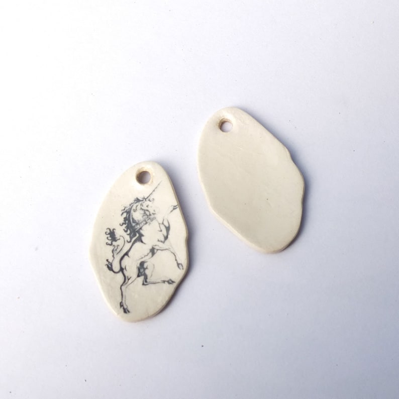 Earring Supply Donna Perlinplim Earring Shields a pair of hand made earrings pendants with ceramic decals Mythological Creature Unicorn