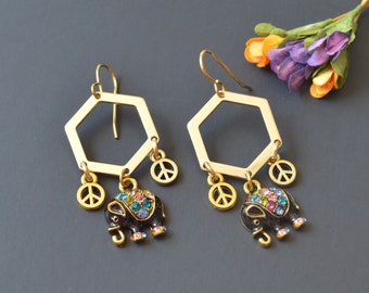 Dangle Bohemian Earrings. Handmade Unique Earrings. Elephant Earrings. Boho Long Modern earrings. Peace Sign  Earrings. Elegant Gift For Her