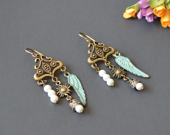 Unique dangle earrings, charm earrings, vintage earrings, pearl earrings, celestial earrings, gift for her, elegant earrings, boho earrings.