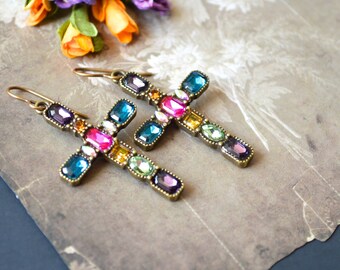 Rhinestone Cross Earrings: Handmade Vintage Style Dangle