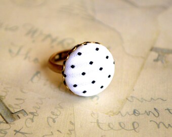 Adjustable polka dot white and black button cocktail ring, handmade ring, elegant button ring, vintage ring for her, unique ring, gift idea.