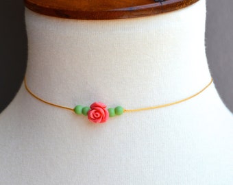 Dainty Rose Choker: Green Beads, Mustard Cord Necklace