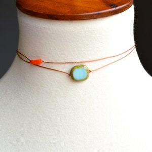 Double Strand Beaded Choker: Turquoise & Orange Glass Bead Necklace