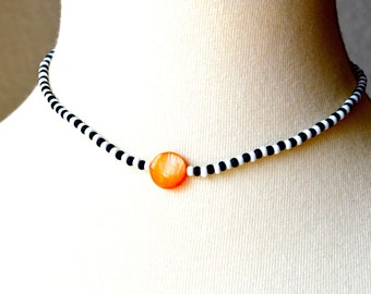 Beaded minimalist modern necklace, festival choker, black and white, shell, orange, dainty necklace, simple necklace, string choker, boho.