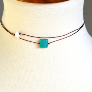 Beaded Cord Choker: Blue Glass & White Shell, Minimalist Boho Necklace