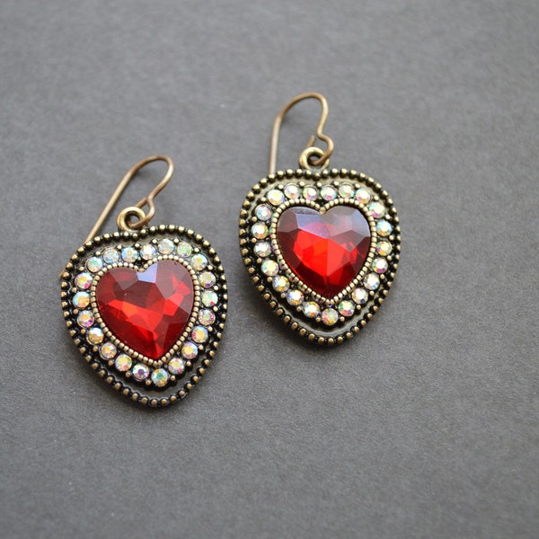 Valentine's day gift for her, heart red rhinestone vintage earrings, boho, vintage jewelry, romantic gift, under 40 dollar, heart, red