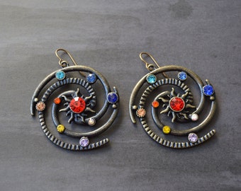 Handmade Rhinestone Solar System Earrings: Celestial Boho Jewelry