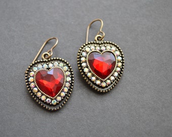 Valentine's day gift for her, heart red rhinestone vintage earrings, boho, vintage jewelry, romantic gift, under 40 dollar, heart, red