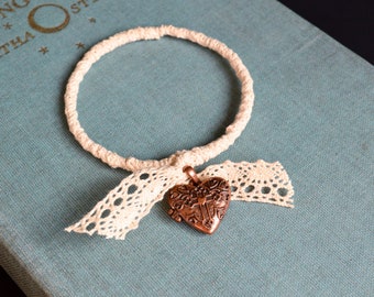 Vintage style lace wrapped bangle bracelet, handmade bracelet, layering bracelet, charm bracelet, romantic bracelet, boho bracelet.