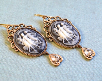 Cameo dangle earrings, handmade vintage style earrings, long earrings, dancing ladies cameo victorian earrings, elegant earrings, unique.