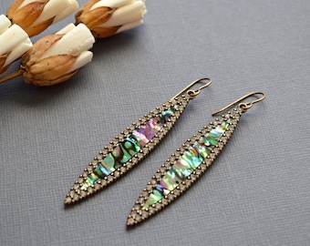 Abalone earrings, dangle earrings, handmade earrings, vintage style earrings, unique earrings, long earrings, boho earrings, gift for her.