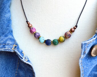 Jasper rainbow beaded simple handmade necklace, boho necklace, yoga necklace, bohemian necklace, layering necklace, tribal necklace, hippie.