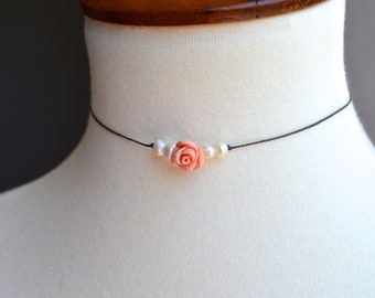 Dusty rose choker, handmade minimalist necklace, layering choker, elegant choker, dainty choker, rose choker, pearl choker, gift for her.