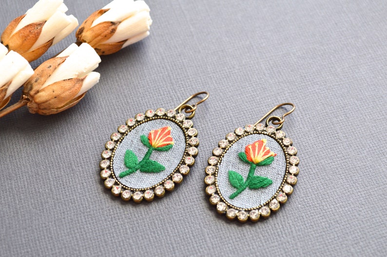 Floral embroidery design earrings, floral earrings, rhinestone earrings, floral jewelry, gift for her image 2