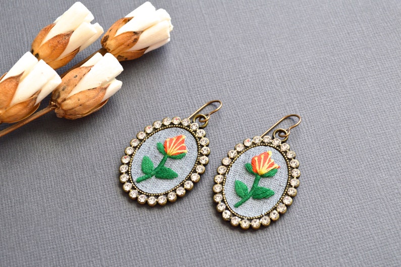 Floral embroidery design earrings, floral earrings, rhinestone earrings, floral jewelry, gift for her image 3