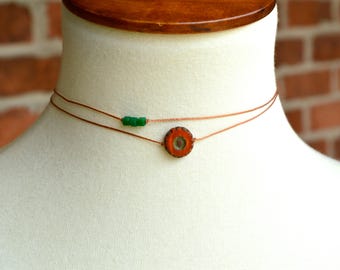 Minimalist Boho Double Layered Cord Choker. Green And Orange Red Disk Necklace.
