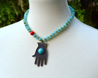 Vintage Hamsa Hand Necklace: Knotted Picasso Blue Beads, 1930 Murano Glass Pendant