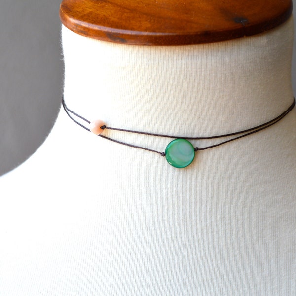 Dainty glass beaded choker, green shell choker, simple choker, layering necklace, minimalist necklace,  glass necklace, string choker, boho.