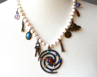 Knotted Freshwater Pearl Necklace: Handmade Celestial Solar System Charm