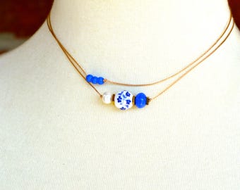 Floral Ceramic Bead Choker: Blue Pearl & Glass, Vintage Style