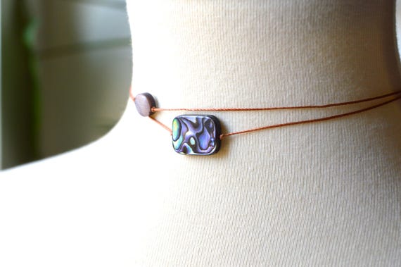 Abalone necklace choker, handmade simple unique minimalist layering cord choker.