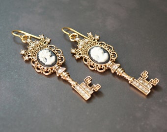 Elegant boho victorian style key earrings, baroque earrings, vintage style cameo key earrings, cameo gold and rhinestone dangle earrings.