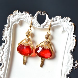 Elegant ballerina dangle earrings, vintage style earrings, unique earrings, gold and ruby earrings, ballerina lover earrings, gift for her.