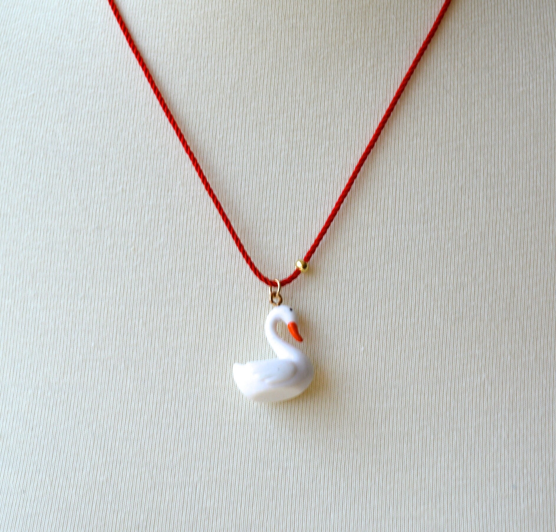 Swan necklace, white swan necklace, red necklace, layering necklace, handmade minimalist necklace, unique charm necklace, cord necklace.