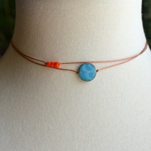 Boho Cord Choker: Blue & Orange Beaded Necklace