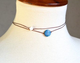 Dainty Blue Shell Choker: Beaded Nylon Cord Necklace
