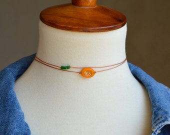 Double Layered Beaded Choker: Orange & Green Cord Necklace