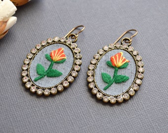 Floral embroidery design earrings, floral earrings, rhinestone earrings, floral jewelry, gift for her