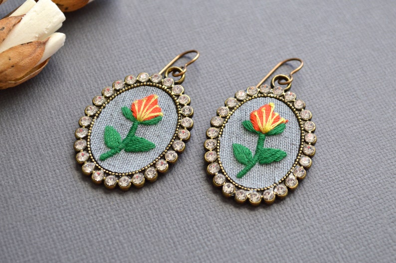 Floral embroidery design earrings, floral earrings, rhinestone earrings, floral jewelry, gift for her image 1