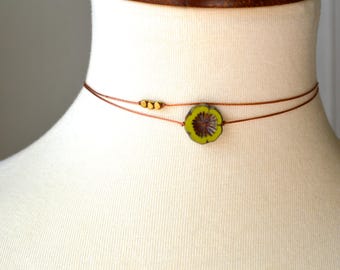 Olive green minimalist dainty floral choker. Handmade simple cord and Hematite necklace.