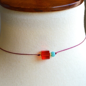 Handmade Minimalist Choker: Red Glass Bead, Turquoise Accent, Boho Layering Necklace